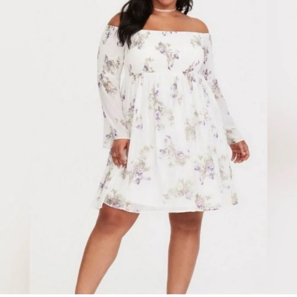 Torrid ivory and purple floral smocked chiffon off-the-shoulder dress - Picture 15 of 15